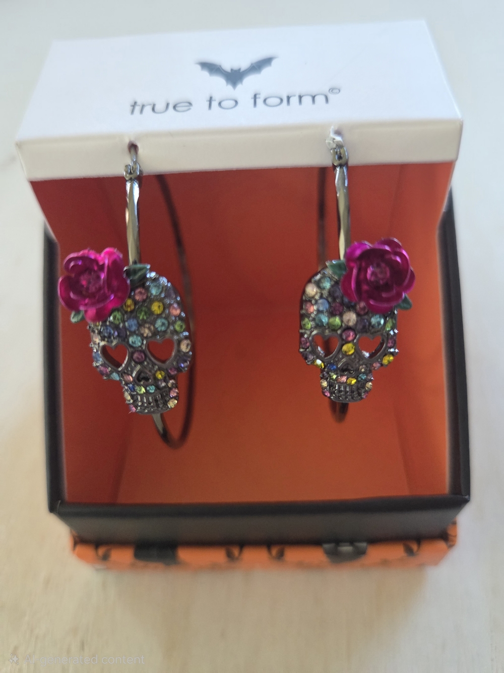 NWT True To Form Black Rhinestone Sugar Skull Hoop Earrings